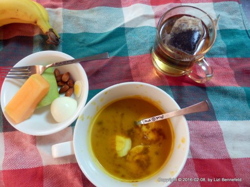 squash soup, HB egg, melon, almonds