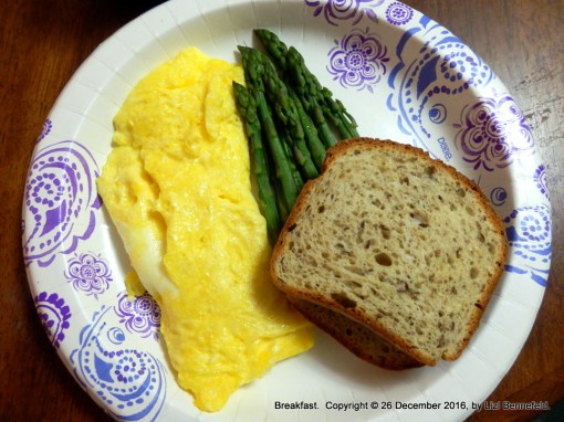 2-egg omelet, fresh asparagus spears and millet-chia toast