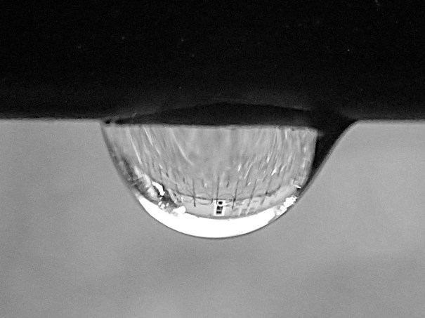 drop of water hanging from a metal fence rail