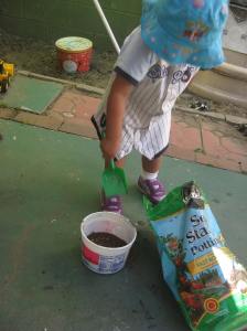 After we added the seeds, baby sister wanted to get in on the action.