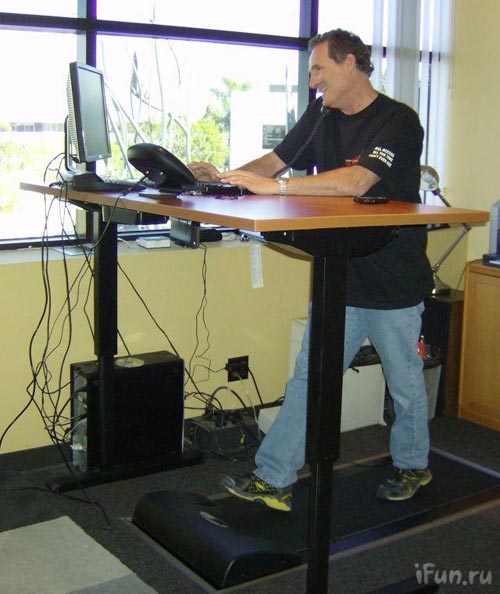 Steve was both a fitness freak & the company's most assiduous customer services employee. While talking to a customer on the phone, updating the product manual & shortly after this photograph was taken, he was unfortunately distracted by the arrival of coffee & was killed by the poorly maintained company-provided treadmill.