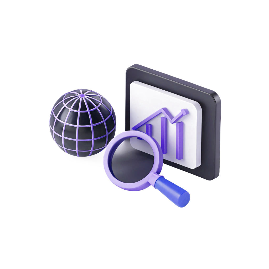 3d composition with elements in the form of a globe, a magnifying glass, and a growth chart referring to SEO.