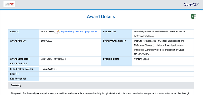 A landing page listing details (PI, award amount, grant ID, project title) and a summary for a grant.