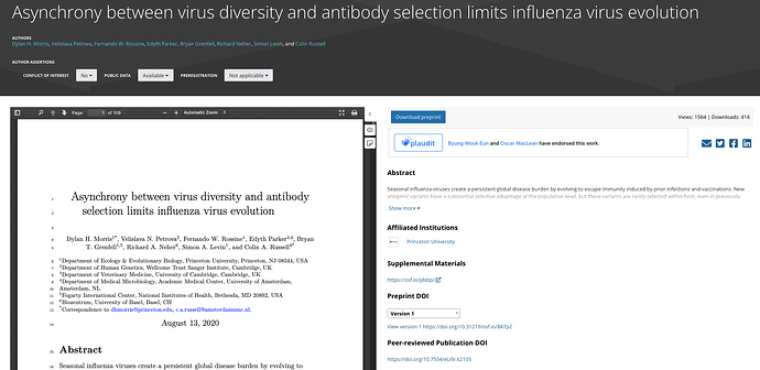 A preprint landing page with the PDF embedded. The page includes both the preprint DOI and the DOI for the final published version of the article.