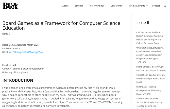 A screenshot of an article from Board Game Academics (BGA); includes the article title, issue number, date, DOI, author and affiliations, and the start of an introduction.