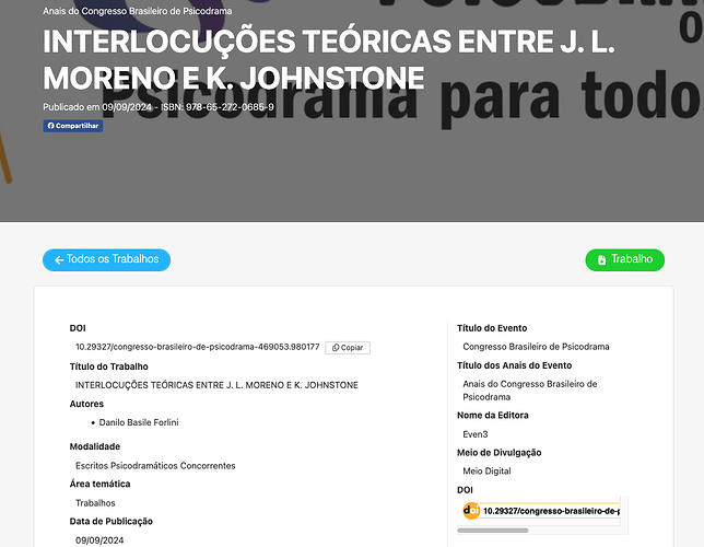 A landing page for a conference proceeding article in Portuguese. A small green button allows the user to download the proceeding for free.