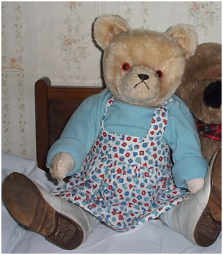My sister's 55 year old teddy called "Petzi" dressed in our old baby clothes.