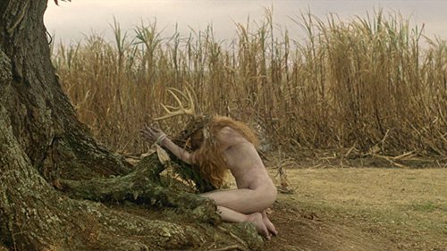 The woman was found naked, bound, with stab wounds on her stomach. She is wearing a "crown of thorns" and antlers on her head.