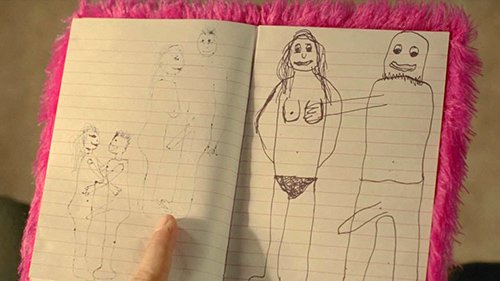 One of Audrey's sexual drawings feature a mask man touching a woman.