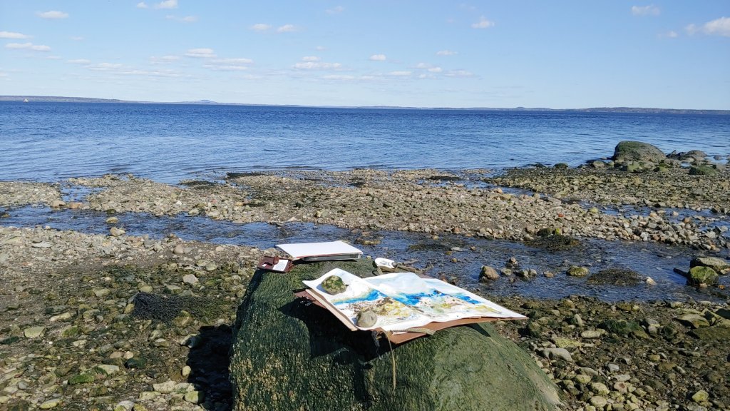 Painting at the Rocky Shore in Belfast, Maine.