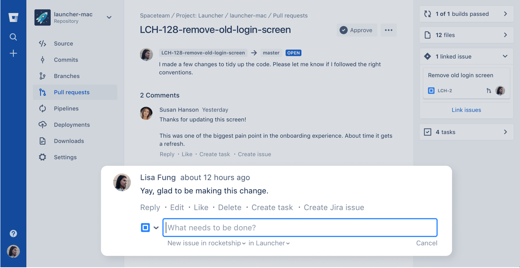 Capture d'écran montrant la création d'un ticket Jira à partir de Bitbucket