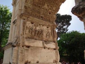 Detail in the Arch of Titus, depicting the treasures of the Temple in Jerusalem being carried away in victory.