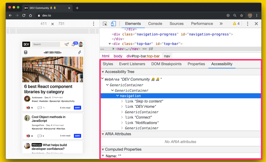 Chrome 開發人員工具中無障礙樹狀檢視畫面截圖。