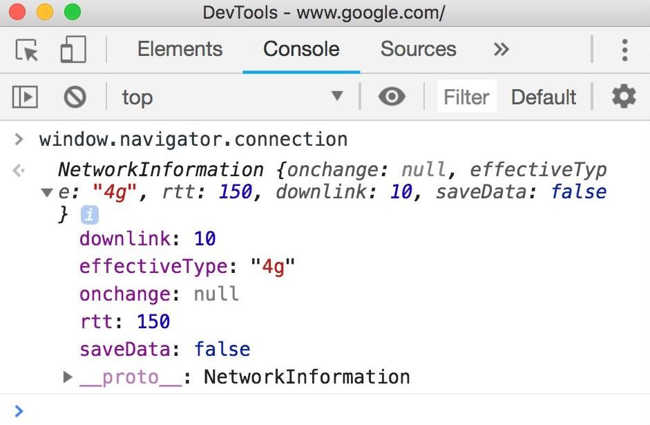 navigator.connection 객체의 속성 값을 표시하는 Chrome DevTools 콘솔