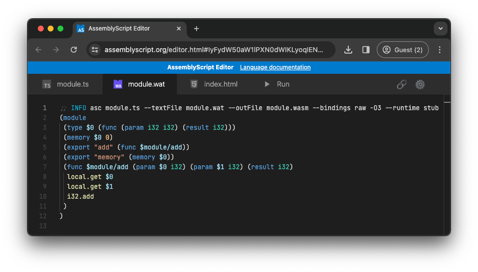 Sân chơi AssemblyScript cho thấy mã WebAssembly được tạo dựa trên ví dụ trước đó.