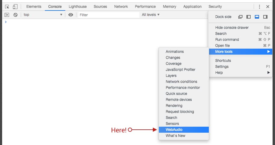 Ảnh chụp màn hình minh hoạ cách mở bảng điều khiển WebAudio trong Chrome DevTools.
