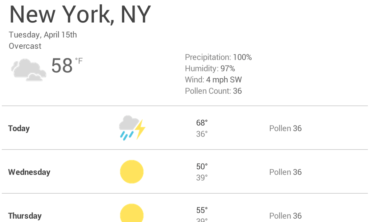 Application météo avec de grands espaces entre les éléments