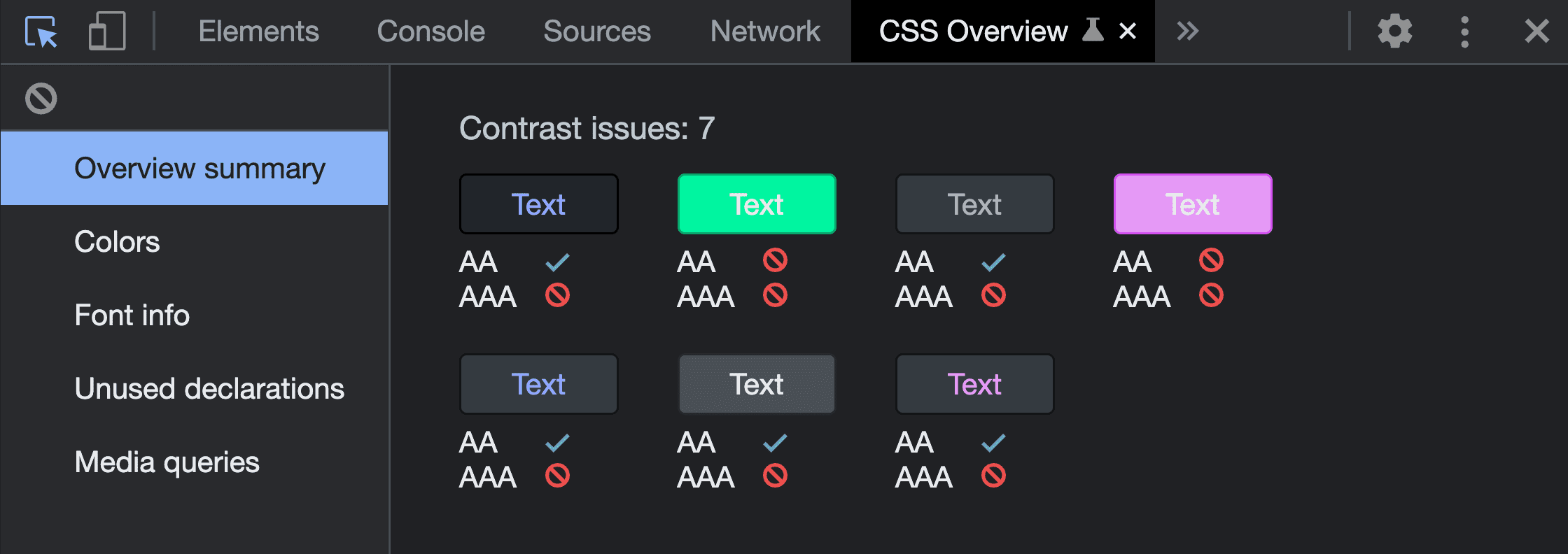 Ảnh chụp màn hình của phần Tóm tắt tổng quan khi chạy công cụ ghi lại thông tin Tổng quan về CSS. Báo cáo này cho thấy 7 vấn đề về độ tương phản, cho thấy các cặp màu được phát hiện và kết quả không đạt.