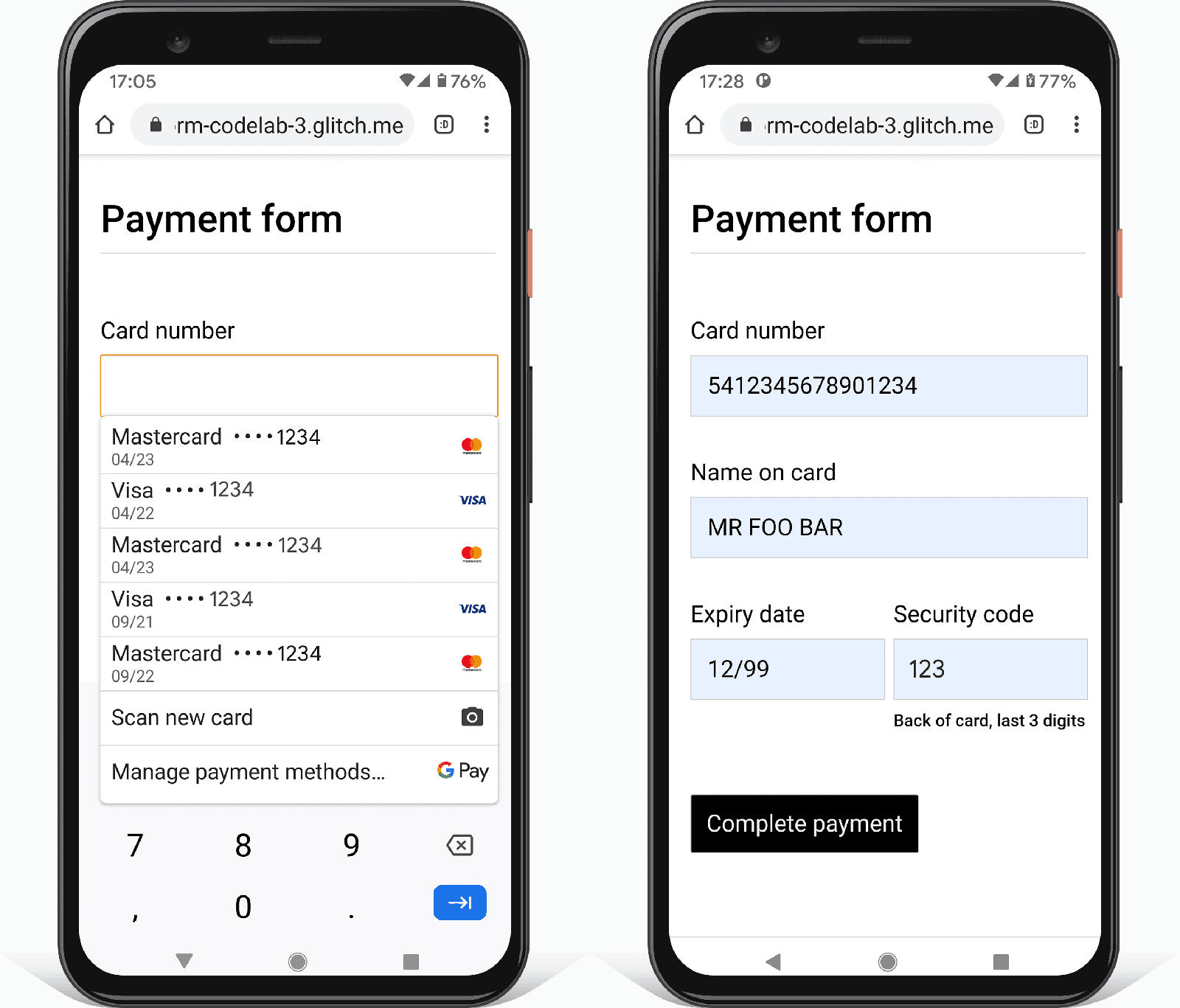 لقطةَا شاشة لنموذج دفع في Chrome على هاتف Android يعرض أحدهما أداة اختيار بطاقة الدفع المدمجة في المتصفّح، ويعرض الآخر قيم العناصر النائبة التي تم ملؤها تلقائيًا.