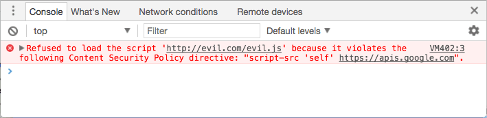 控制台错误：拒绝加载脚本“http://evil.example.com/evil.js”，因为它违反了以下内容安全政策指令：script-src &#39;self&#39; https://apis.google.com