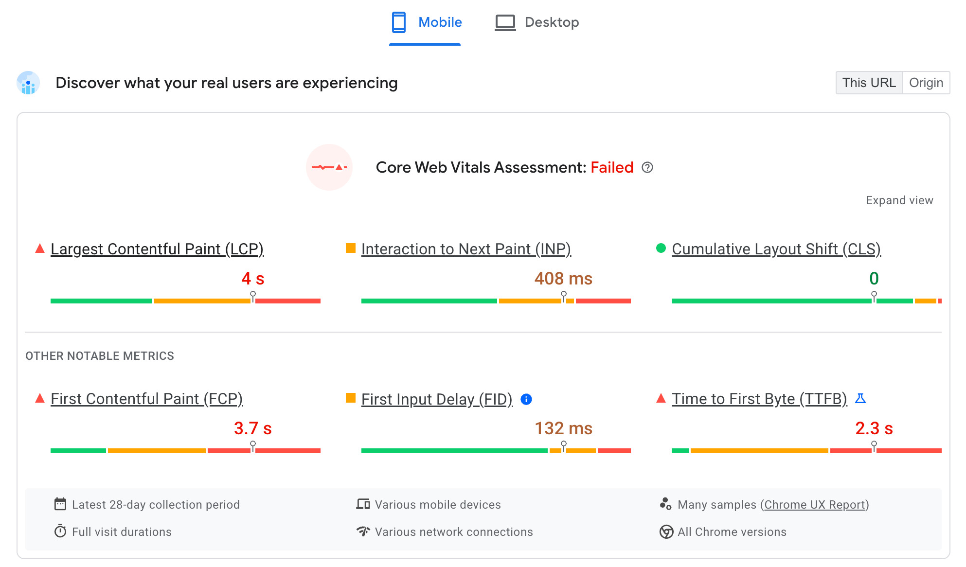 วิธีที่ PageSpeed Insights แสดงข้อมูล CrUX สําหรับ Core Web Vitals ของ URL Core Web Vitals แต่ละรายการจะแสดงแยกกัน ขณะที่จัดกลุ่ม Core Web Vitals แต่ละรายการตามเกณฑ์ &quot;ดี&quot; &quot;ต้องปรับปรุง&quot; และ &quot;แย่&quot; ในช่วง 28 วันที่ผ่านมา