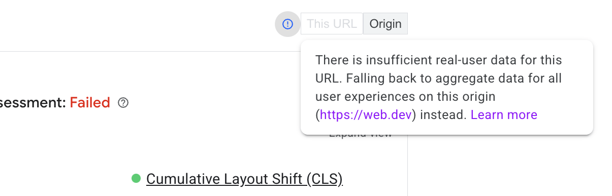 W przypadku braku danych na poziomie adresu URL PageSpeed Insights korzysta z danych na poziomie źródła.