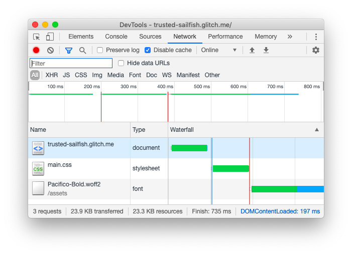 Ảnh chụp màn hình bảng điều khiển Mạng trong Chrome DevTools.