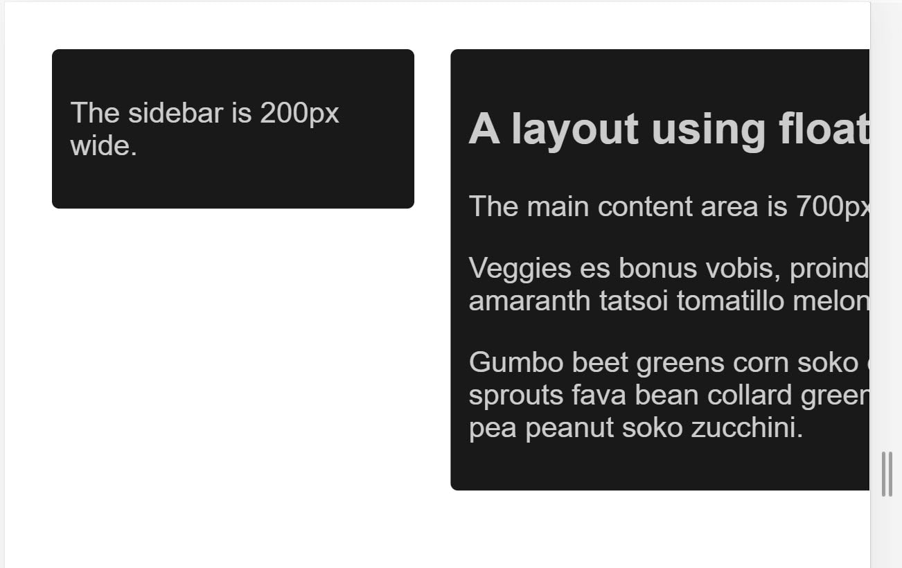 A two-column layout with most of the second column outside the viewport
