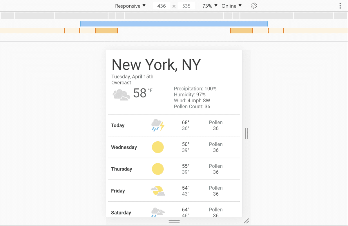 DevTools với ứng dụng thời tiết đang mở và chiều rộng 436 pixel đã được chọn.