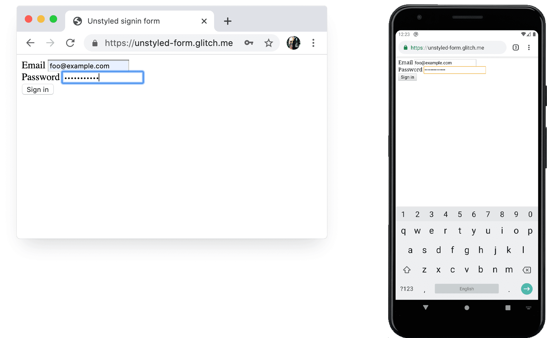 Screenshot eines nicht formatierten Formulars in Chrome auf einem Computer und auf einem Android-Gerät.
