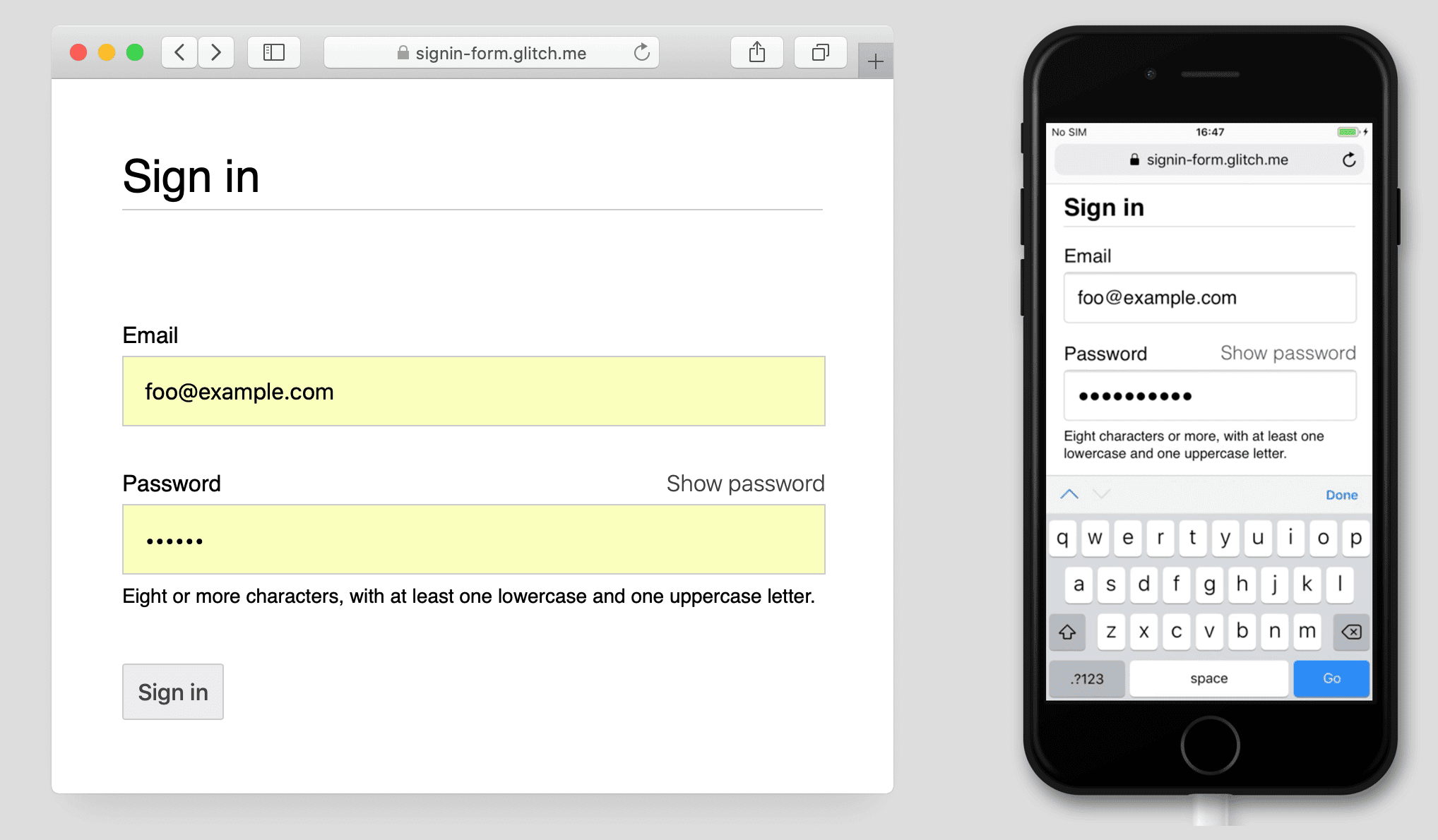 Screenshots eines Anmeldeformulars mit der Schaltfläche „Passwort anzeigen“ in Safari auf einem Mac und auf einem iPhone 7