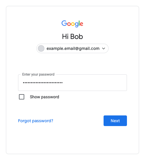 Modulo di accesso a Google che mostra l&#39;opzione Mostra password e un link Password dimenticata.