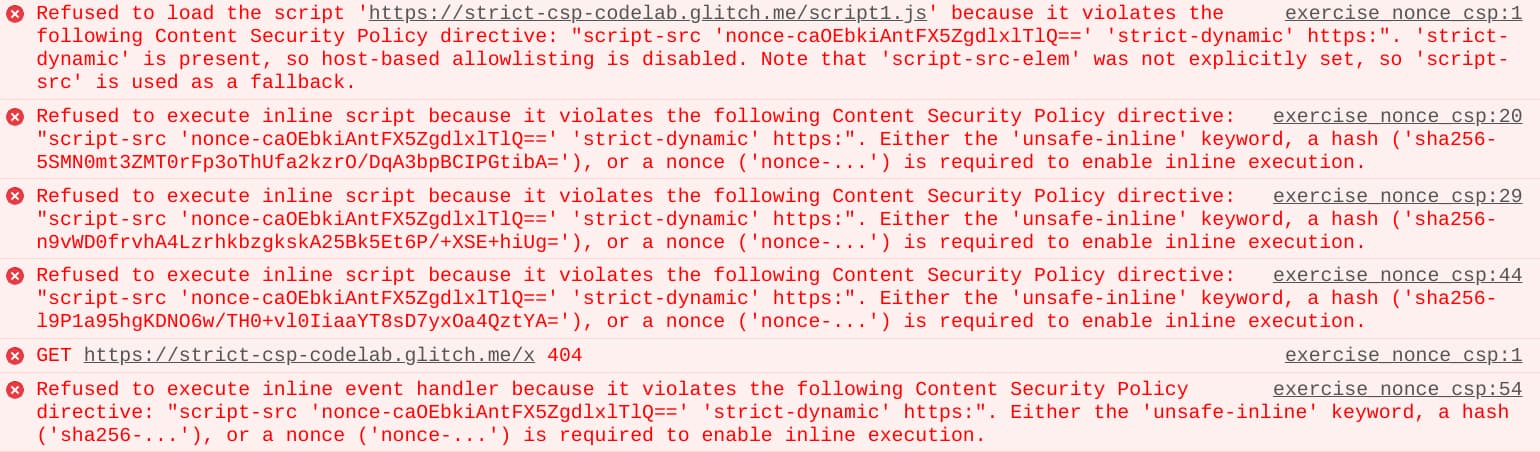 דוחות על הפרות של CSP במסוף הפיתוח של Chrome.