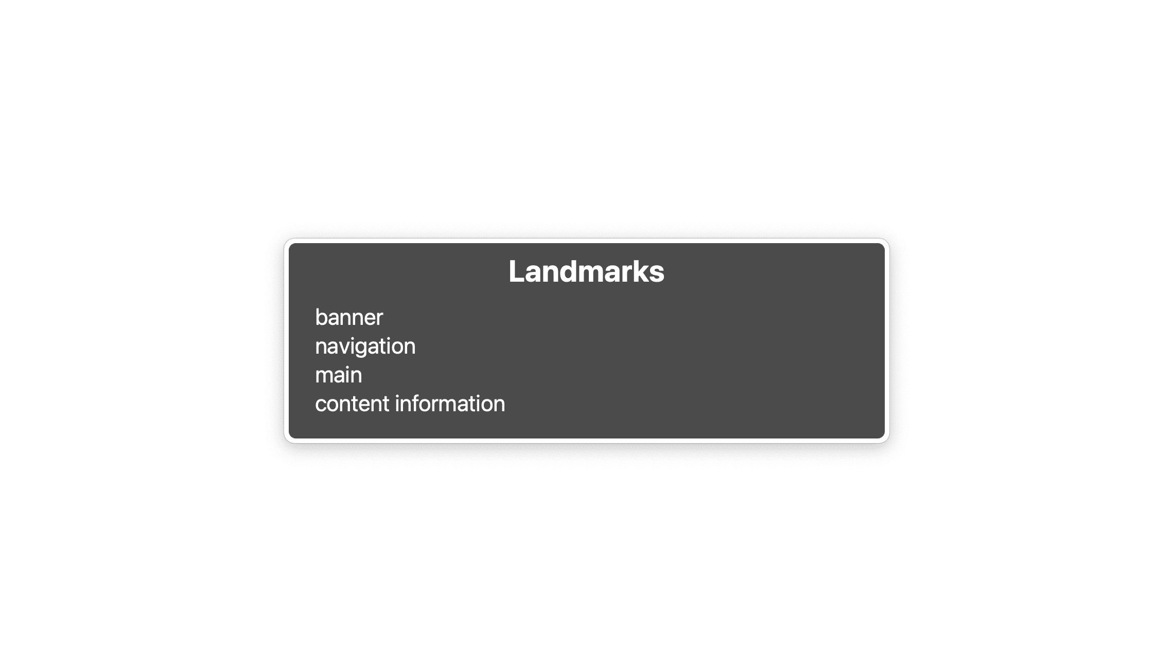 Uma lista de quatro pontos de referência: banner, navegação, principal, informações do conteúdo.