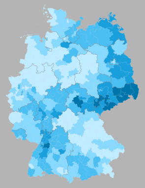 % second votes for the AfD by wahlkreise, shading in 1% increments from <4% to >7% (source: Wahlatlas 2013)