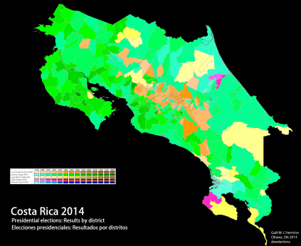 Results of the first round of the Costa Rican presidential election by district (own map)