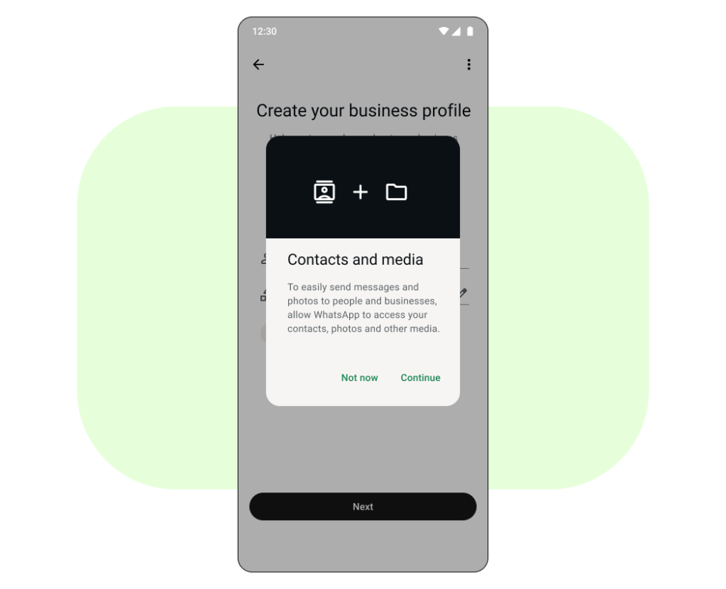 Cell phone prompt asking to access contacts and media