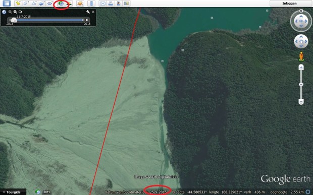 Figure 19: Satallite image for the Dart River on New Zealands South island - with indication of the image date and the timeline symbol which allows you to scroll through historic images.