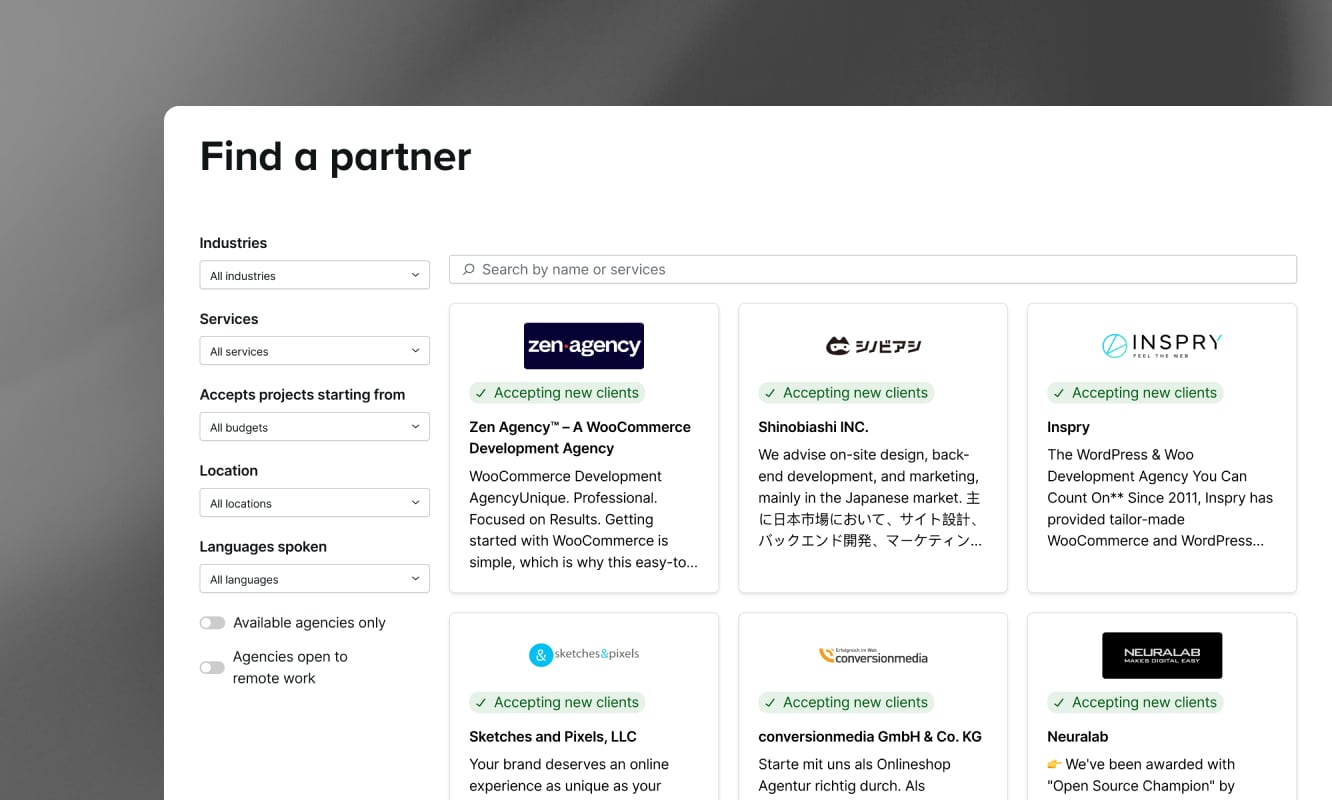 A website page titled Find a partner displays filters for industries, services, project budget, location, and languages—perfect for finding ecommerce experts—with a list of agency cards showing names, descriptions, and accepting new clients labels.