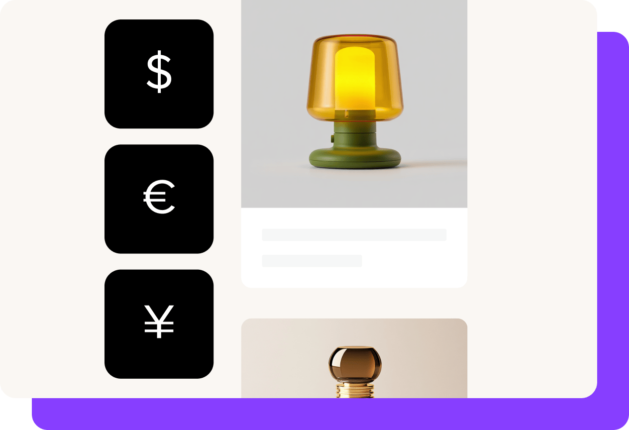 A product page displaying a small amber and green lamp, with a vertical set of currency icons:dollar, euro, and yen; shown on the left side of the layout.