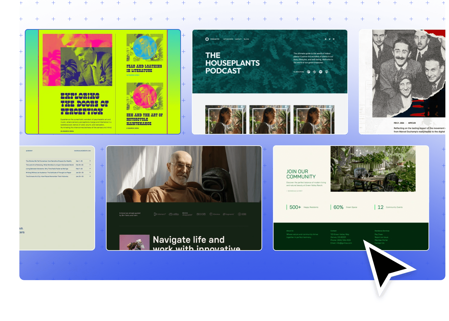 Collage of WordPress.com website theme examples on a blue background.