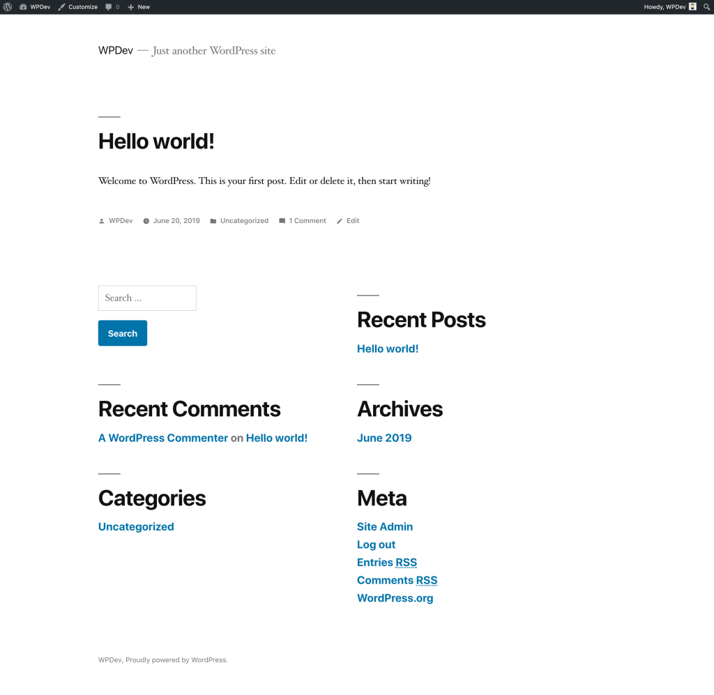 The home page of a new installation of WordPress