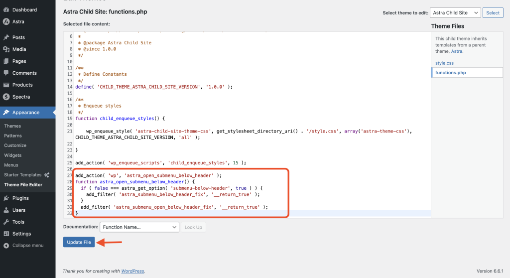 Display Submenu Just Below the Header click on the update file button