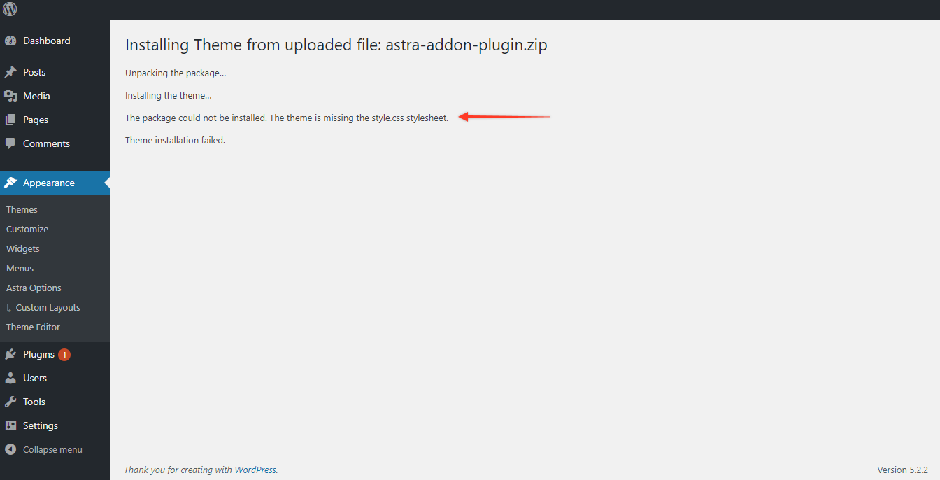 Getting error - The package could not be installed. The theme is missing the style.css stylesheet? Astra Stylesheet Upload Error