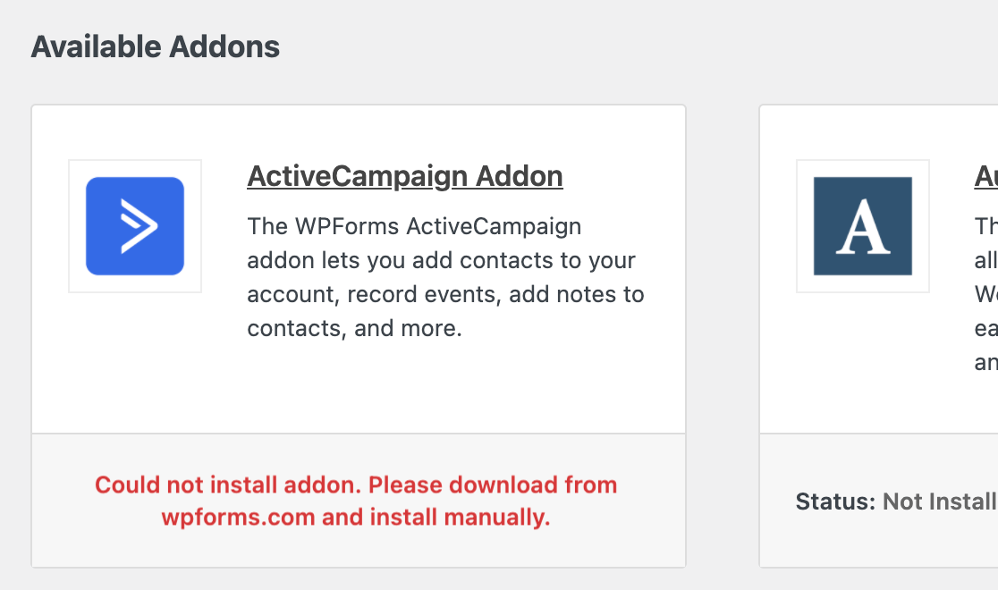 addon-php-incompatibility - WPForms An addon installation error message