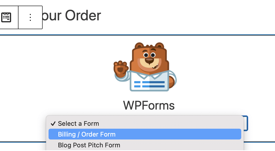 Modulo d'ordine - WPForms Scelta del modulo d'ordine nel blocco WPForms