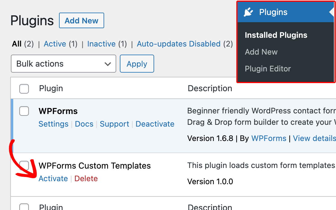 custom-template-plugin - WPForms Activating a custom plugin to add your custom template code to your site