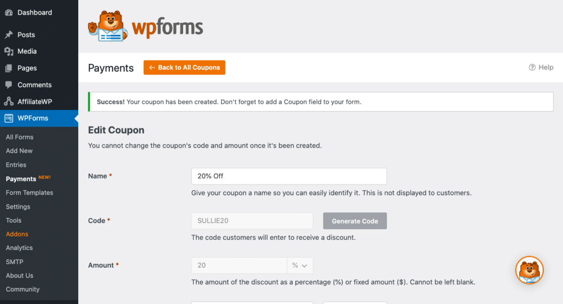 Nuovo coupon riuscito - WPForms Messaggio di successo del nuovo coupon