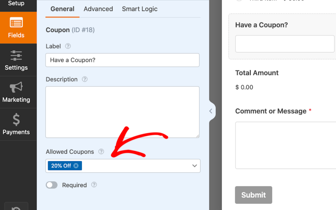 Coupon consentiti - WPForms Selezione dei coupon consentiti