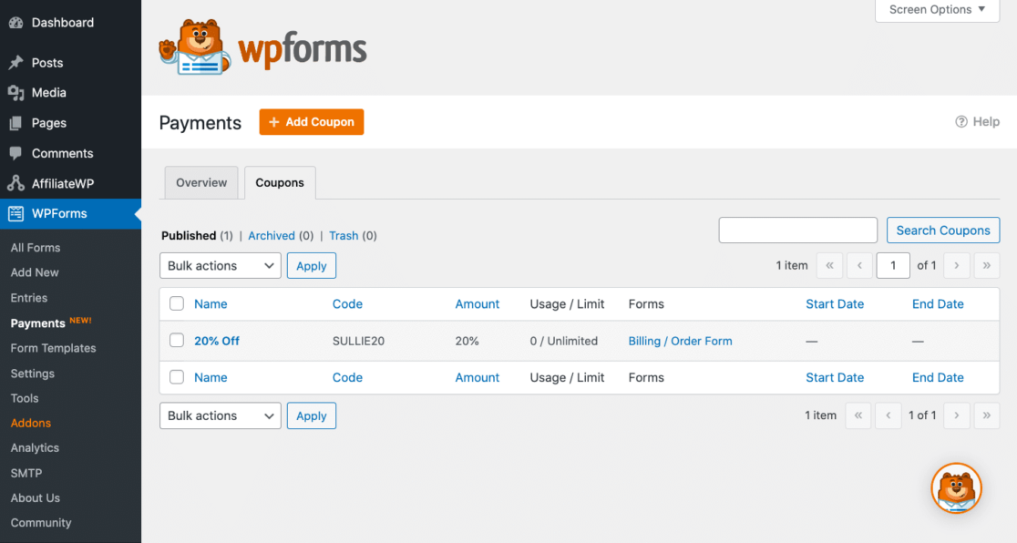 Scheda Coupon - WPForms Tab Coupon nei pagamenti WPForms
